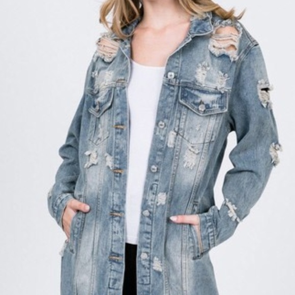 Plus Size Distressed Destroyed Vintage Long Maxi Denim Jean Jacket Coat - Picture 6 of 8